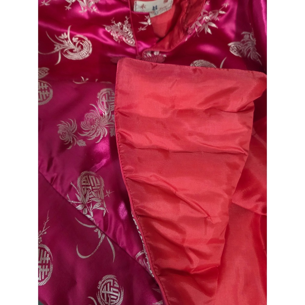 VTG Women's Large Mandarin Jacket Pink Satin Frog Buttons Quilted Padded Yeong - Picture 8 of 9